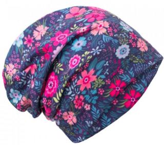 Unuo, dětská čepice fleecová spadená, květinky